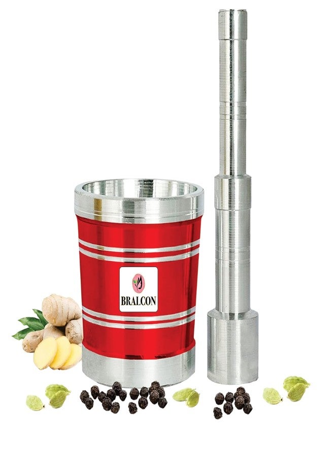 BRALCON Red Khalbatta for Kitchen | Okhli Masher | Morter & Pestle Set | Aluminium Khalbatta | Imam Dasta, Spice Mixer, khaldasta, okhli Masher, Kharal, okhli & musal - Image 2